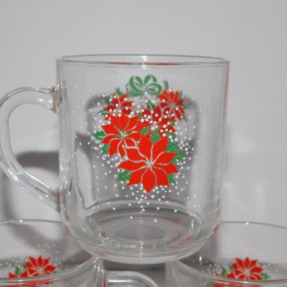 Set 3 VTG Luminarc Christmas Cheer Poinsettia Glass Coffee Tea Eggnog Mug - Picture 4 of 5